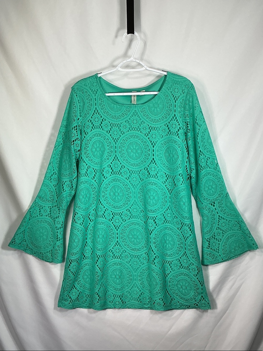 Tacera Teal Green Crochet Shift Dress Bell Sleeve Size Large
